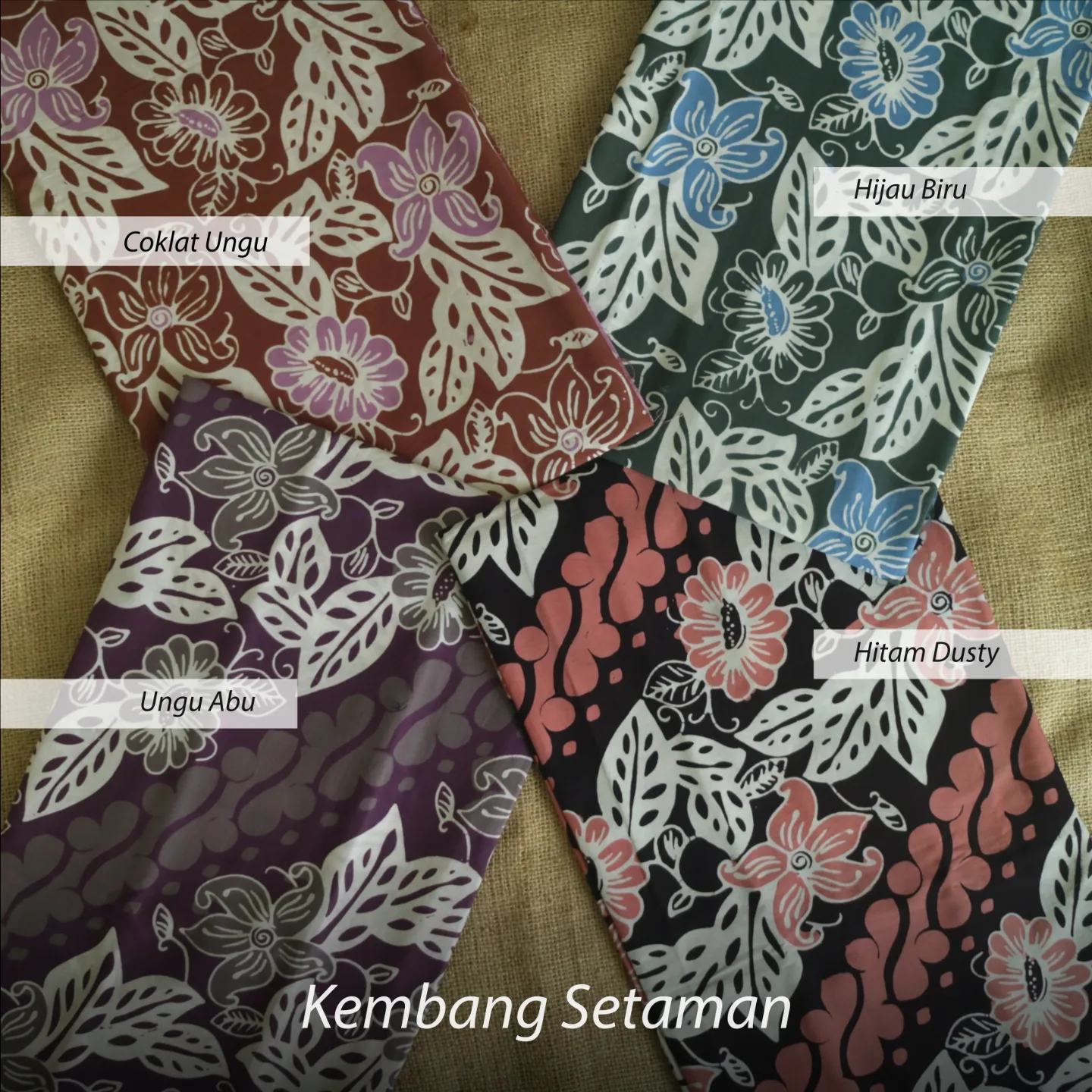 Koleksi kain batik Kembang Setaman — Coklat Ungu, Hijau Biru, Ungu Abu, Hitam Dusty
